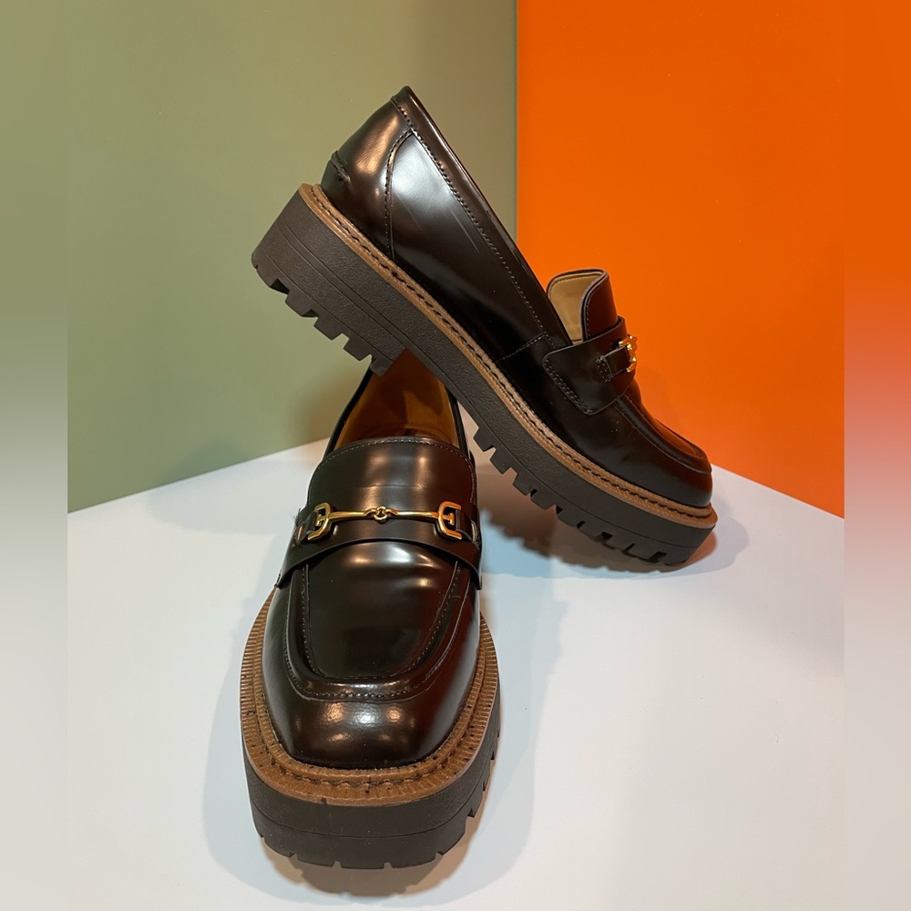 Sam Edelman Black Leather Lug Sole Loafers with Gold Horsebit